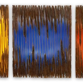 Relevo reflexo - 100 x 80 cm (cada peça) oxidado amarelo, azul e vermelho - aço desenhado a fogo